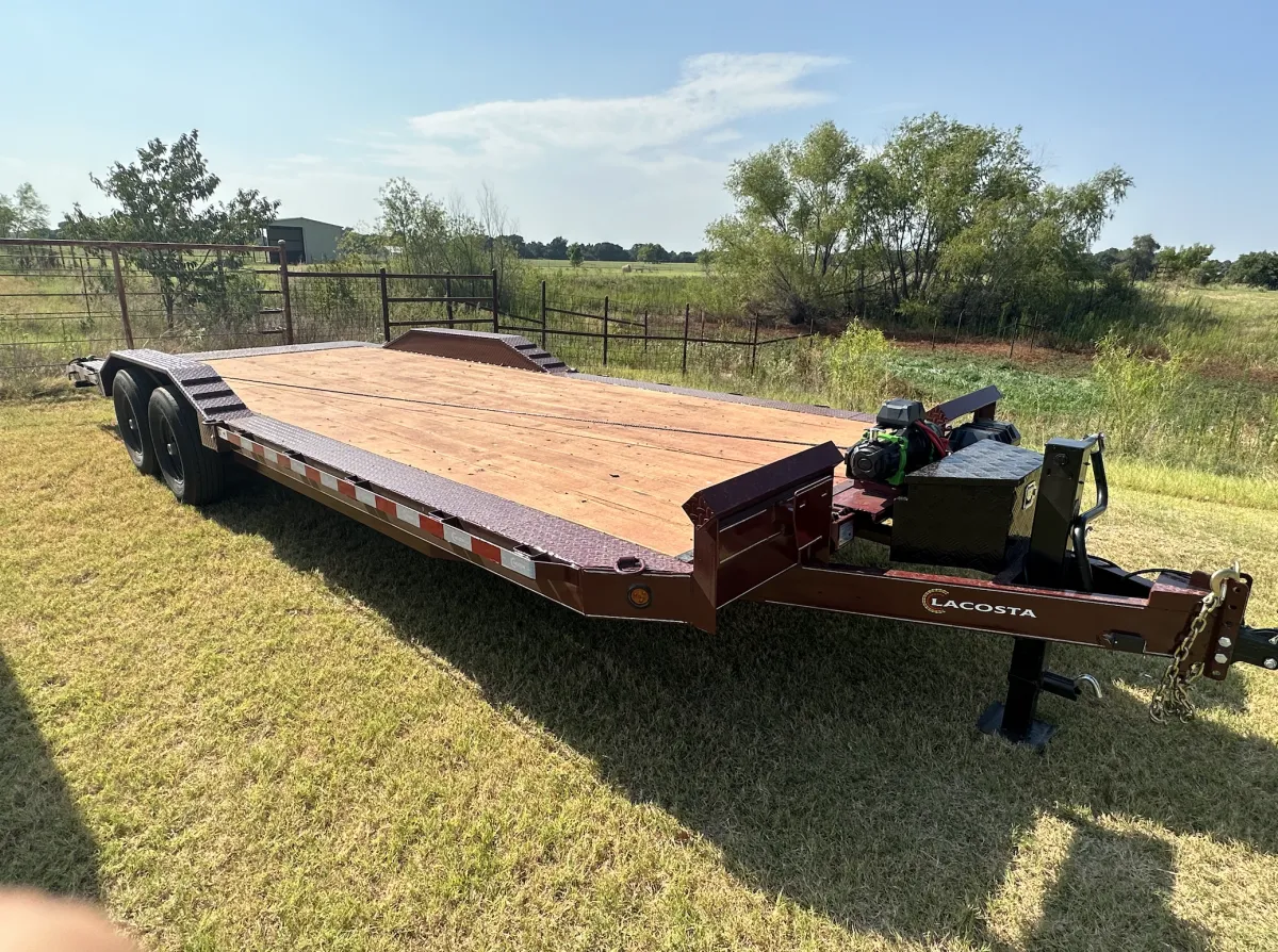 24-foot car hauler trailer for rent in Aubrey TX - Heavy-duty vehicle transport trailer with wood deck and electric brakes